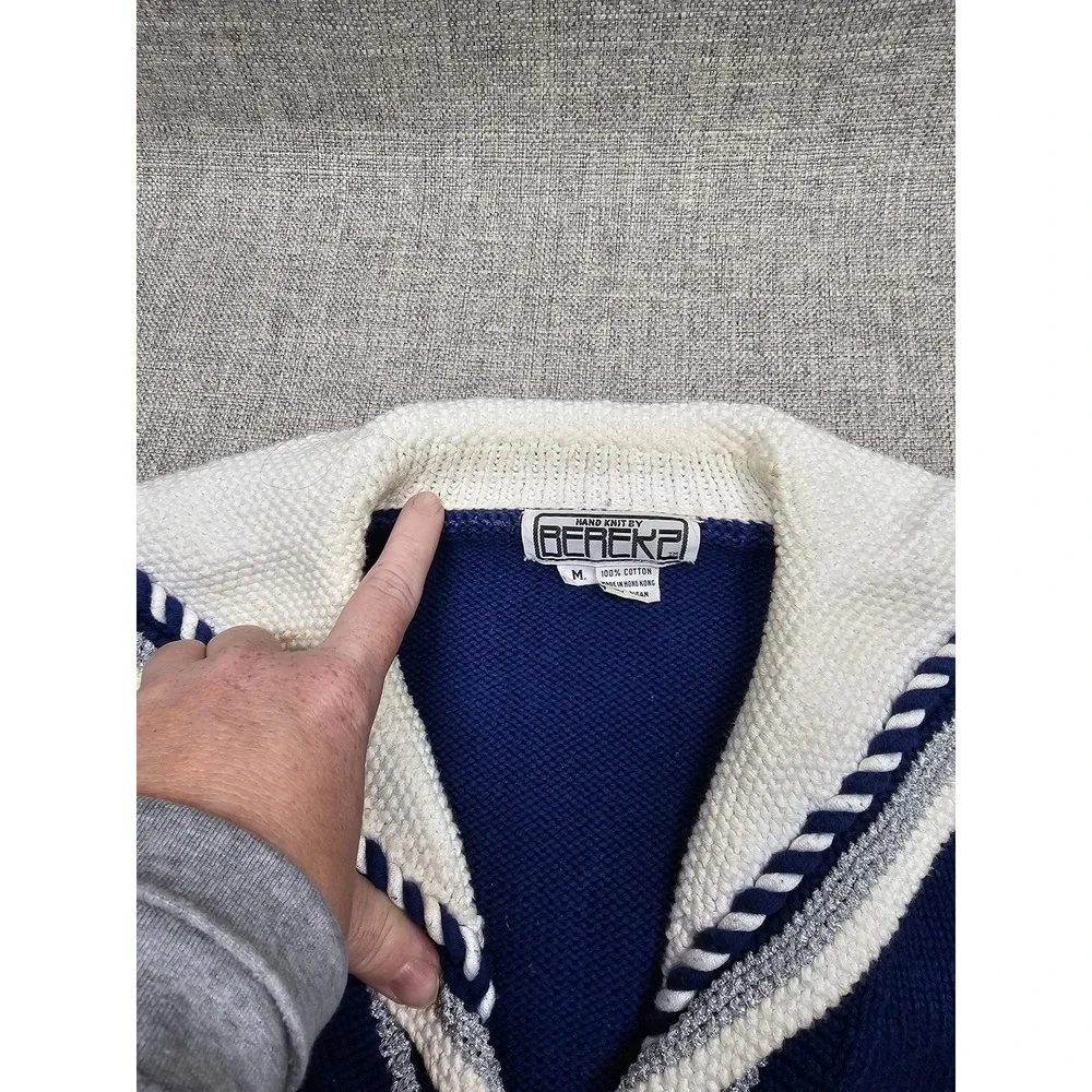 Vintage Berek 2 Cardigan Sweater Womens‎ Medium Blue Anchor Nautical Knit Stars